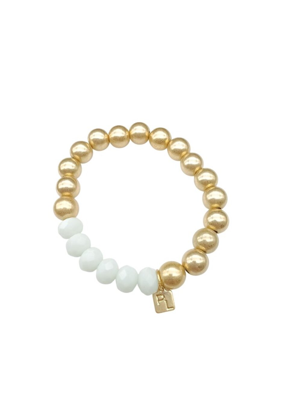 Park Lane Gold & White Beaded FAYE Stretch Bracelet with PL Charm Fits 6.5-7"